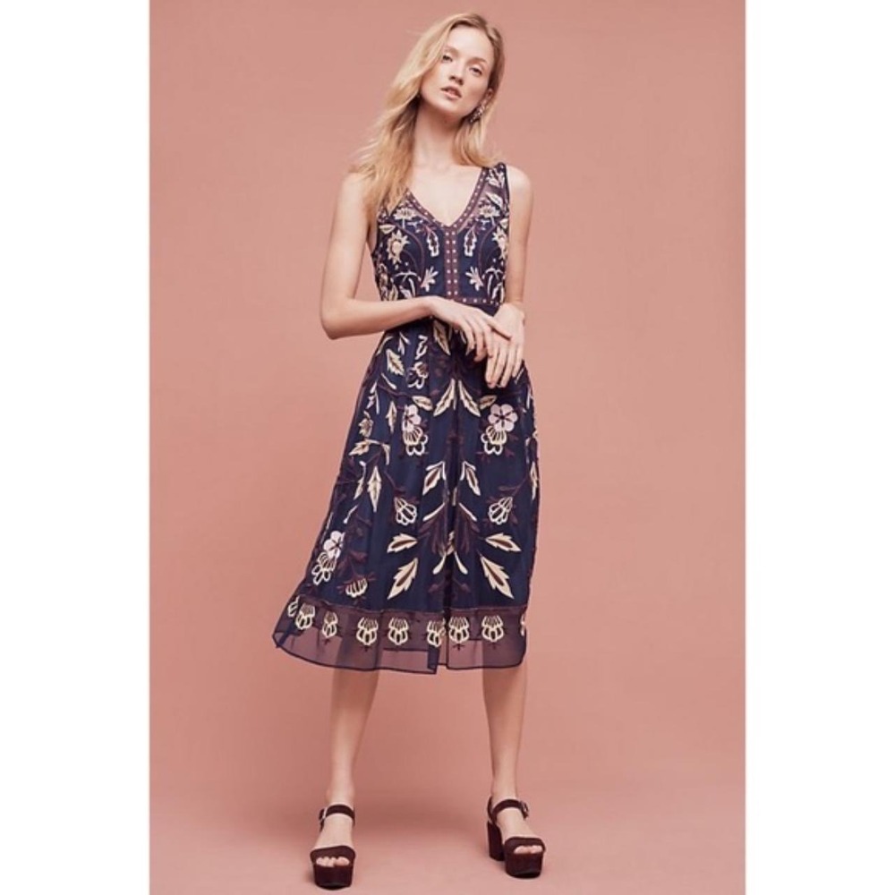 Moulinette Soeurs Anthropologie Navy Blue Embroidered Floral Mesh Midi Dress 4